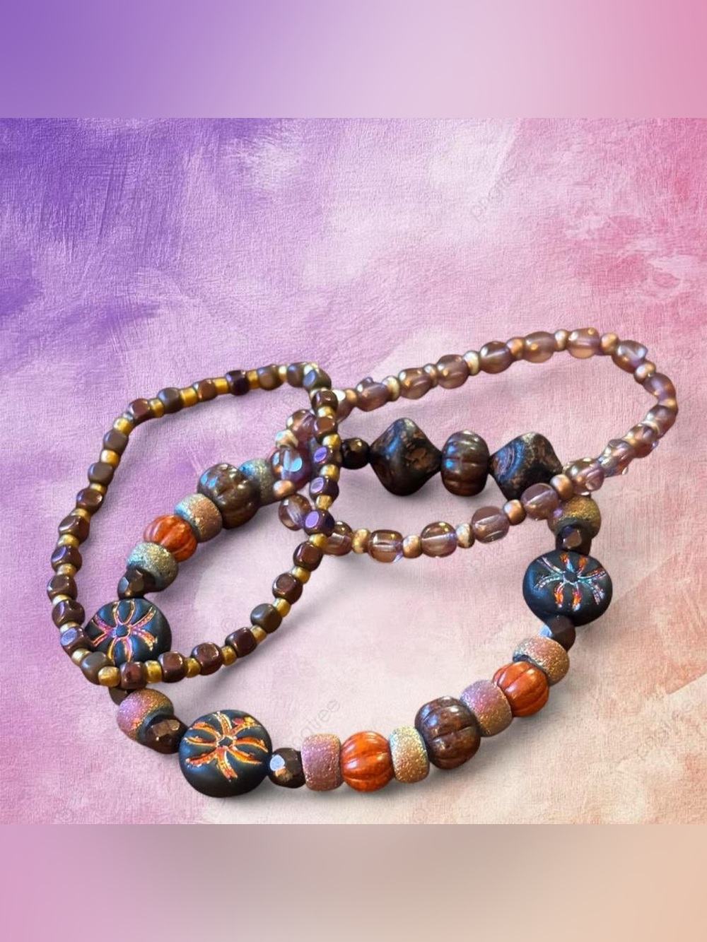 Handcrafted Purple Orange and Brown Beaded Bracelet Set